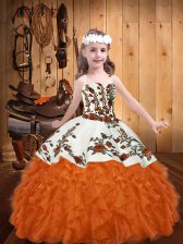 Sweet Orange Red Ball Gowns Straps Sleeveless Organza Floor Length Lace Up Embroidery and Ruffles Pageant Dress for Girls