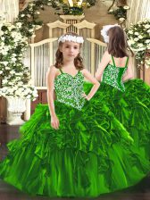  Green Straps Neckline Beading and Ruffles Kids Formal Wear Sleeveless Lace Up
