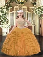 New Style Orange Ball Gowns Tulle Straps Sleeveless Beading and Ruffles Floor Length Lace Up Little Girls Pageant Dress