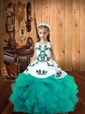  Sleeveless Lace Up Floor Length Embroidery and Ruffles Little Girl Pageant Gowns