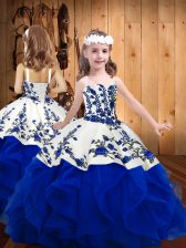  Sleeveless Floor Length Embroidery and Ruffles Lace Up Little Girls Pageant Dress with Royal Blue