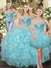 Fantastic Sweetheart Sleeveless Lace Up Quince Ball Gowns Aqua Blue Organza