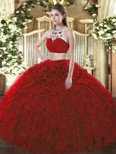 Amazing High-neck Sleeveless Tulle Sweet 16 Quinceanera Dress Beading and Ruffles Backless