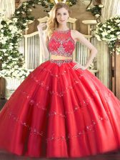  Red Sleeveless Tulle Zipper 15 Quinceanera Dress for Military Ball and Sweet 16 and Quinceanera