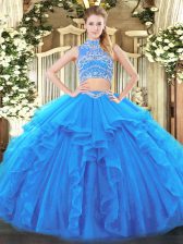 Noble Baby Blue Sleeveless Floor Length Beading and Ruffles Backless Sweet 16 Quinceanera Dress