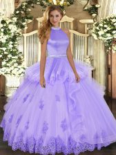 Romantic Ball Gowns Vestidos de Quinceanera Lavender Halter Top Tulle Sleeveless Floor Length Backless