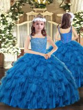  Blue Ball Gowns Straps Sleeveless Organza Floor Length Lace Up Beading and Ruffles Kids Formal Wear