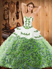  Satin and Fabric With Rolling Flowers Strapless Sleeveless Sweep Train Lace Up Embroidery Ball Gown Prom Dress in Multi-color