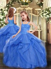  Sleeveless Floor Length Beading and Ruffles Lace Up Pageant Dress Womens with Blue