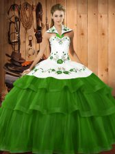 Gorgeous Ball Gowns Organza Halter Top Sleeveless Embroidery and Ruffled Layers Lace Up Quinceanera Dresses Sweep Train
