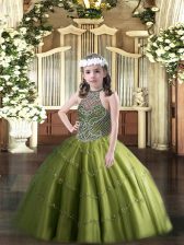 Latest Ball Gowns Pageant Dress Wholesale Olive Green Halter Top Tulle Sleeveless Floor Length Lace Up