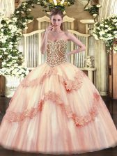  Floor Length Baby Pink Quinceanera Dresses Tulle Sleeveless Beading and Appliques