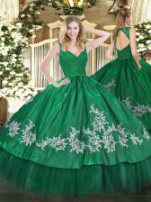 Custom Designed Floor Length Dark Green Ball Gown Prom Dress Taffeta Sleeveless Beading and Lace and Appliques
