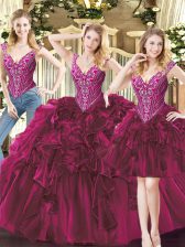 Trendy V-neck Sleeveless Organza Sweet 16 Dresses Beading and Ruffles Lace Up