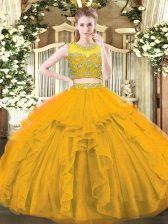  Gold Two Pieces Scoop Sleeveless Tulle Floor Length Zipper Beading and Ruffles 15 Quinceanera Dress