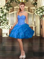 Enchanting Sleeveless Organza Mini Length Lace Up Prom Dress in Blue with Beading and Ruffles