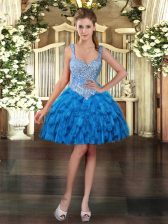  Mini Length Blue Prom Evening Gown Straps Sleeveless Lace Up