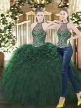 Customized Dark Green Organza Lace Up High-neck Sleeveless Floor Length Quince Ball Gowns Beading and Ruffles