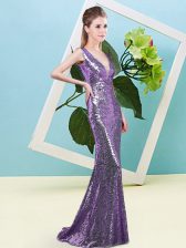 Classical Floor Length Eggplant Purple Prom Dresses Sequined Sleeveless Sequins
