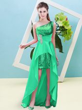 Lovely High Low Turquoise Prom Evening Gown Elastic Woven Satin and Sequined Sleeveless Beading and Sequins