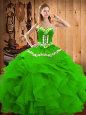  Green Sleeveless Satin and Organza Lace Up Quinceanera Gowns for Military Ball and Sweet 16 and Quinceanera
