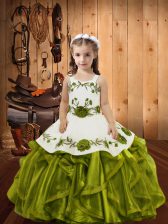Customized Straps Sleeveless Kids Formal Wear Floor Length Embroidery and Ruffles Olive Green Organza