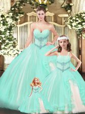 Sophisticated Lace Sweetheart Sleeveless Lace Up Beading Ball Gown Prom Dress in Aqua Blue