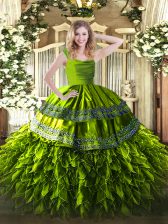 On Sale Olive Green Ball Gowns Organza Straps Sleeveless Beading and Lace and Ruffles Floor Length Zipper 15 Quinceanera Dress