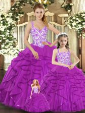 Dynamic Floor Length Lace Up Sweet 16 Dresses Fuchsia for Military Ball and Sweet 16 and Quinceanera with Beading and Ruffles