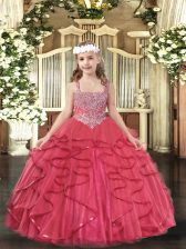 Hot Selling Floor Length Coral Red Kids Pageant Dress Straps Sleeveless Lace Up