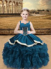  Sleeveless Organza and Taffeta Floor Length Lace Up Custom Made Pageant Dress in Teal with Beading and Ruffles