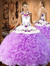 Admirable Lilac Halter Top Lace Up Embroidery Vestidos de Quinceanera Sleeveless