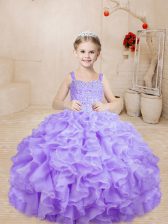 Fashion Lavender Kids Pageant Dress Sweet 16 and Quinceanera with Beading and Ruffles Straps Sleeveless Lace Up