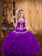  Sleeveless Floor Length Embroidery and Ruffles Lace Up Child Pageant Dress with Eggplant Purple