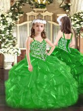 Pretty Green Sleeveless Floor Length Beading and Ruffles Lace Up Little Girls Pageant Gowns