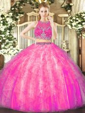  Sleeveless Tulle Floor Length Zipper Ball Gown Prom Dress in Fuchsia with Beading and Ruffles