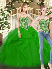 Spectacular Green Lace Up Sweetheart Beading and Ruffles Quince Ball Gowns Organza Sleeveless