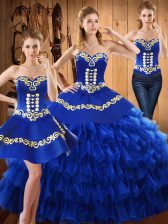  Blue Tulle Lace Up Sweetheart Sleeveless Floor Length Ball Gown Prom Dress Embroidery and Ruffled Layers