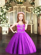 Attractive Fuchsia Little Girl Pageant Gowns Party and Quinceanera with Beading Spaghetti Straps Sleeveless Lace Up