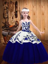 Lovely Royal Blue Lace Up Straps Embroidery High School Pageant Dress Tulle Sleeveless