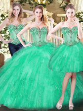 Latest Green Lace Up Sweetheart Beading and Ruffles Quince Ball Gowns Organza Sleeveless