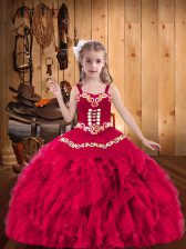 Low Price Coral Red Sleeveless Embroidery and Ruffles Floor Length Winning Pageant Gowns
