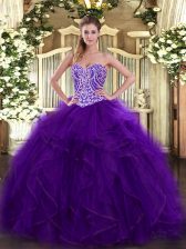 Unique Purple Ball Gowns Beading and Ruffles Quinceanera Gown Lace Up Organza Sleeveless Floor Length