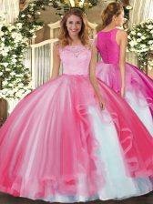 Nice Hot Pink Scoop Neckline Lace and Ruffles 15 Quinceanera Dress Sleeveless Clasp Handle