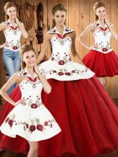 Admirable Sleeveless Floor Length Embroidery Lace Up Sweet 16 Quinceanera Dress with White And Red 