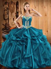  Teal Sleeveless Organza Lace Up 15th Birthday Dress for Military Ball and Sweet 16 and Quinceanera