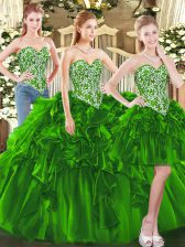 Fitting Dark Green Tulle Lace Up Sweetheart Sleeveless Floor Length Quinceanera Dress Beading and Ruffles