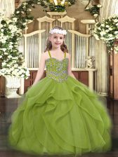 Classical Straps Sleeveless Lace Up Kids Pageant Dress Olive Green Tulle