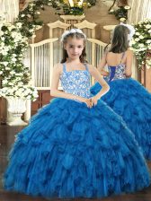  Organza Straps Sleeveless Lace Up Beading and Ruffles Pageant Dress Womens in Blue