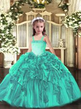 Floor Length Lace Up Pageant Dress Toddler Turquoise for Party and Quinceanera with Appliques and Ruffles